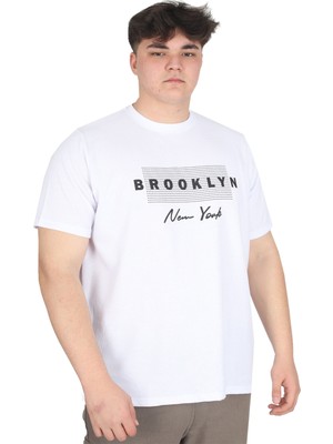 Mode Xl Büyük Beden Erkek Tişört Baskılı Brooklyn Waffle U25002 Beyaz
