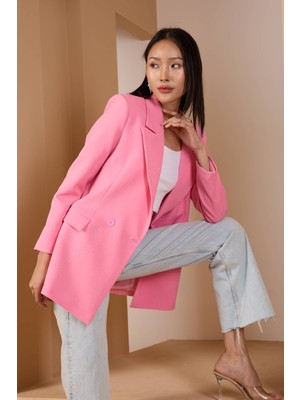 Pembe Regular Dokuma Astarlı Taş Detaylı Blazer Ceket