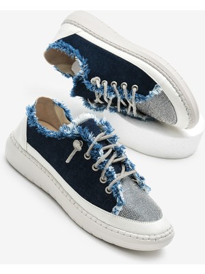 Tonny Black Kadın Siyah Poli Taban Denim Kumaş Taşlı Bağcıklı Spor Ayakkabı