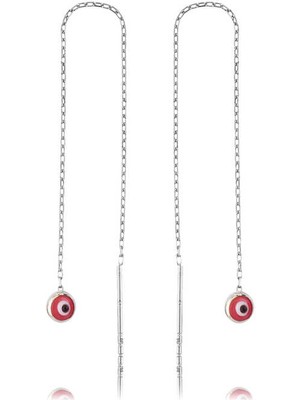 925 Ayar Gümüş Zincirli Pembe Nazar Küpe