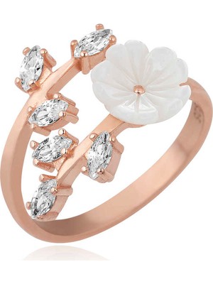 ​925 Ayar Gümüş Rose Beyaz Bahar Çiçeği Yüzük