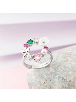 Gümüş Ayarlanabilir Renkli Manolya Çiçeği Kadın Yüzük