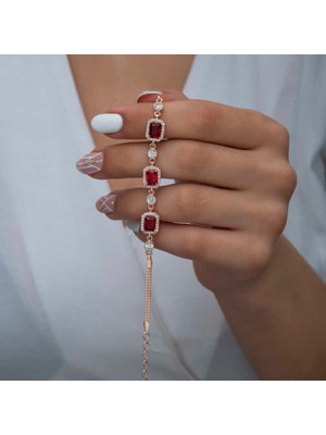 925 Ayar Gümüş Rose Baget Kırmızı Taşlı Kadın Bileklik