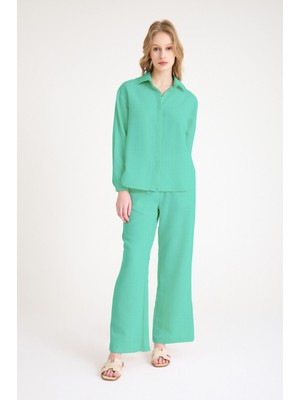 Günlük Su Yeşili Keten Ikili Takım Alt Üst