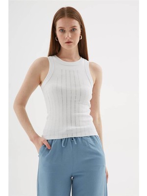Fashion Friends Taşlı Beyaz Kadın Kolsuz T-Shirt 25Y0518K1