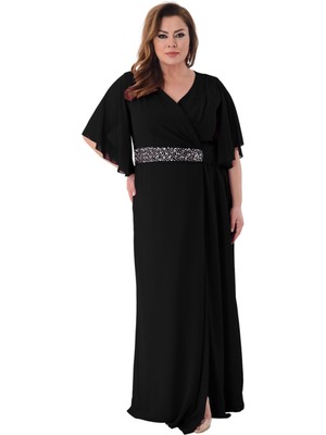 Büyük Beden Siyah Renkli Uzun Şifon Abiye Elbise