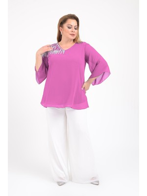 Büyük Beden Pembe Renkli Şifon V Yaka Abiye Bluz