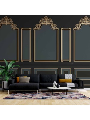 3D Siyah ve Yeşil Panel Altın Motif Duvar Kağıdı Baskı