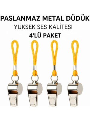 Milena Life 4'lü Paslanmaz Metal Deprem Düdüğü Sarı İpli Acil Durum Hakem ve Can Kurtaran Düdük