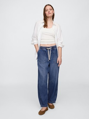 Kadın Mavi Mid Rise Supersoft Pull-On Barrel Jean Pantolon
