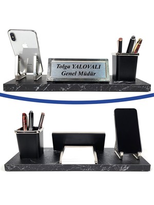 ProZenis Vizyon Siyah Mermer Desenli Ofis Masa Isimliği Kalemlik Seti Yeni Iş Ofis Hediyesi Masa Üstü Isimlik