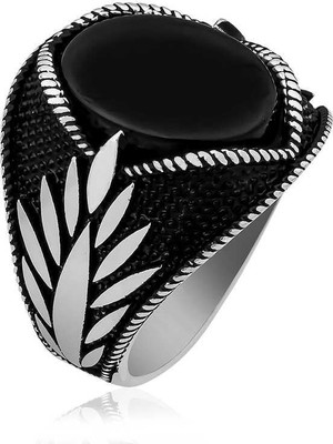 Gümüş Oniks Taşlı Işlemeli Erkek Yüzük