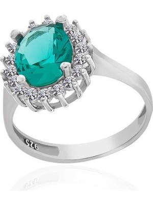 Gümüş Koyu Yeşil Taşlı Oval Kadın Yüzük