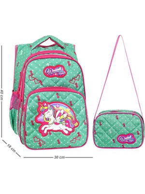 Mint Yeşili Unicorn Desenli Ilkokul Çantası Beslenme Çantalı 24003