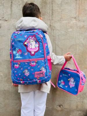 Waddell Lisanslı Turkuaz-Pembe Unicorn 6 Gözlü Desenli Okul Sırt Çantası Ve Beslenme Çantası