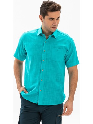 Eliş Şile Bezi Büyük Beden Kısa Kol Şile Bezi Erkek Gömlek Turkuaz