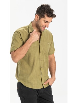 Eliş Şile Bezi Büyük Beden Kısa Kol Şile Bezi Tek Cepli Erkek Gömlek Açık Haki 3052