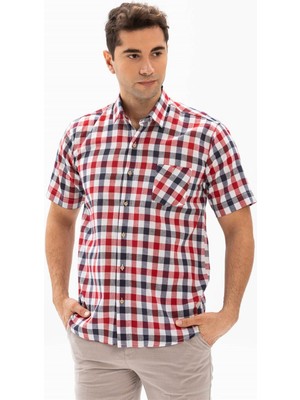 Eliş Şile Bezi Büyük Beden Kısa Kol Şile Bezi Tek Cepli Erkek Gömlek Kırmızı Lacivert Kareli