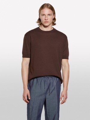 Sisley Sisley   %100 Pamuk Ribana Detaylı Kısa Kollu Kazak Erkek Kahverengi Kazak - 325P1028S104G