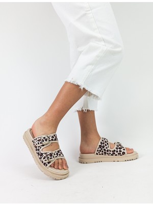 Gdt Ayakkabı Bej Renk Leopar Desen Düz Taban Kadın Terlik