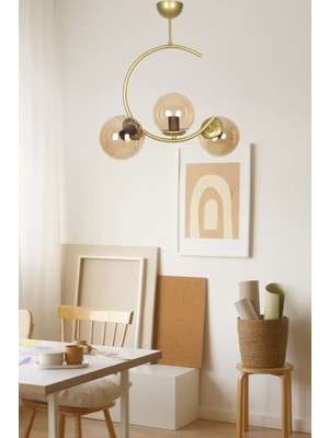 Julia Özel Tasarım Hilal Model Eskitme Gold Renk Bal Camlı Salon - Mutfak - Yatak Odası 3 Lü Avize