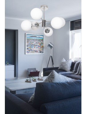 Oscar Modern Lüks Tasarım Krom Renk Kasa Beyaz Camlı Salon - Mutfak - Yatak Odası 6 Lı Avize