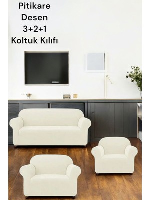 Likrali Pitikare DESEN(321) Koltuk Kılıfı, Lastikli Esnek Yikanabilir Koltuk Çekyat Örtüsü Krem