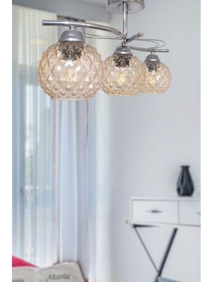 Rengin Modern Krom Renk 3 Lü Camlı Avize Salon - Mutfak - Yatak Odası