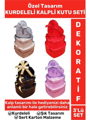 Premium Özel Gün Doğum Günü Hediyelik Sevgililer Günü Hediye Kutusu 3'lü Kurdeleli Kalpli Kutu Seti