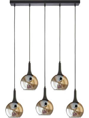 Fred Modern Dekoratif Salon - Mutfak - Yatak Odası Sıralı Siyah Renk Bal Camlı 5 Li Avize