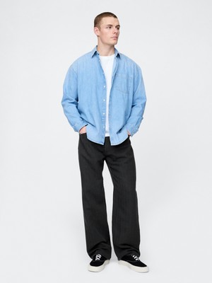 Gap Erkek Siyah Keten Karışımı 90's Loose Herringbone Pantolon
