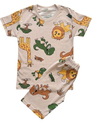 Erkek Çocuk Pamuklu Bej Renk Safari Desenli Kısa Kollu Yazlık Şortlu Pijama Takımı