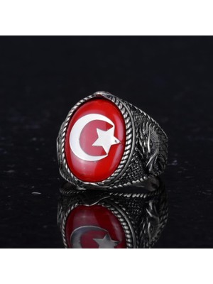 Erkek Ay Yıldız Kartal Yüzük - 925 Ayar Gümüş Yüzük - Hilal ve Yıldız Tasarımı - Türk Ay Yıldız Bayrağı Kartal Tasarım Yüzük (Kırmızı)