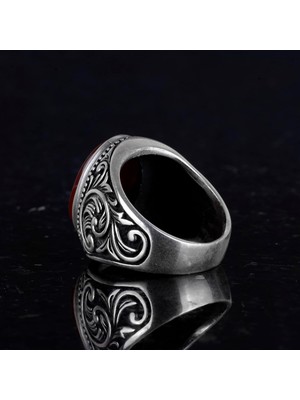 Doğal Akik Taşı Yüzük - 925 Ayar Gümüş Erkek Yüzük - Şaman Tasarımı