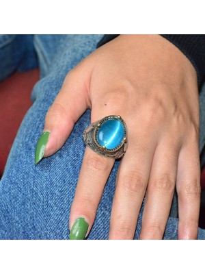 El Yapımı 925 Ayar Gümüş Erkek Yüzük, Yapay Kedi Göz Taşı