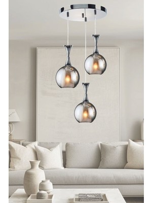 Jülyet Krom Kasa Füme Camlı Salon Yatak Odası Oturma Odası Hol Üçlü 3lü Sarkıt Avize