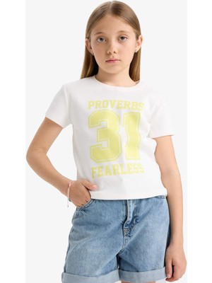 DeFacto Slim Fit Dar Kesim Bisiklet Yaka Baskılı Kısa Kollu Tişört Kız Çocuk E5897A825SM