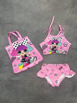 Kız Çocuk Lol Bebek Baskılı Çantalı Bikini Takımı