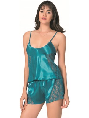   Petrol Saten Babydoll Şort Takımı