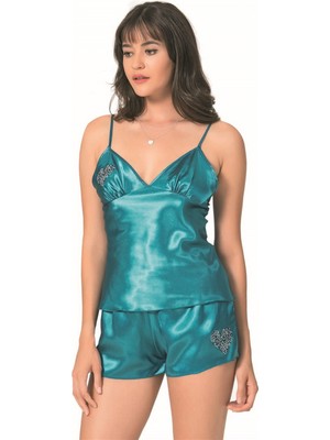   Petrol Saten Babydoll Şort Takımı