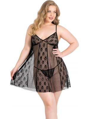   Büyük Beden Siyah Kısa Tül Gecelik