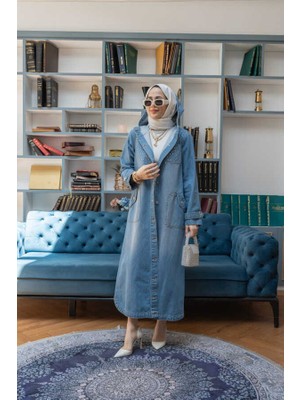 Neways 6329-TAŞLI Denim Kapşonlu Kap Mavi