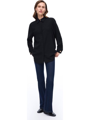 Seras Regular Fit Standart Boy Düşük Kollu Gömlek Yaka Siyah Gömlek