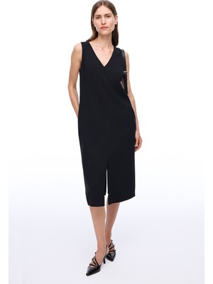 Seras Regular Fit Midi Boy Sıfır Kol V-Yaka Siyah Elbise