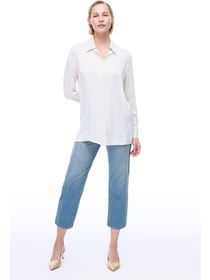 Safira Rahat Kalıp Standart Boy Takma Kol Gömlek Yaka Ekru Gömlek