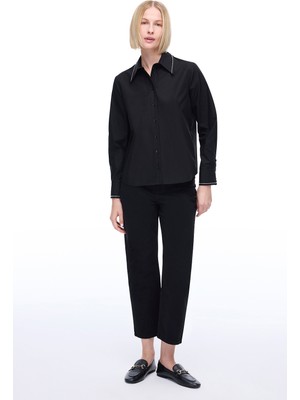 Amelias Regular Fit Standart Boy Takma Kol Gömlek Yaka Siyah Gömlek