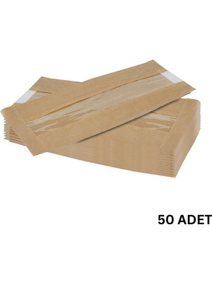 Kraft Şamua Pencereli Kese Kağıdı, Körüklü Ambalaj Poşeti, Butik Hediye Paketi, 50 Adet, 15X30 cm