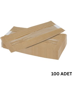 Kraft Şamua Pencereli Kese Kağıdı, Körüklü Ambalaj Poşeti, Butik Hediye Paketi, 100 Adet, 15X40 cm