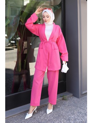 Cep Detaylı Kimono Takım Fuşya