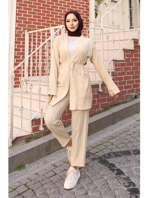 Cep Detaylı Kimono Takım Bej